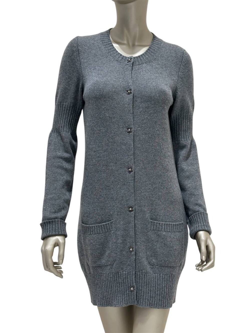 Chanel 100% Cashmere CC Turn Lock Gray Long Cardigan Sz.38